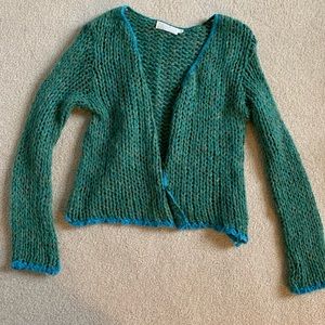button up green sweater with blue trim